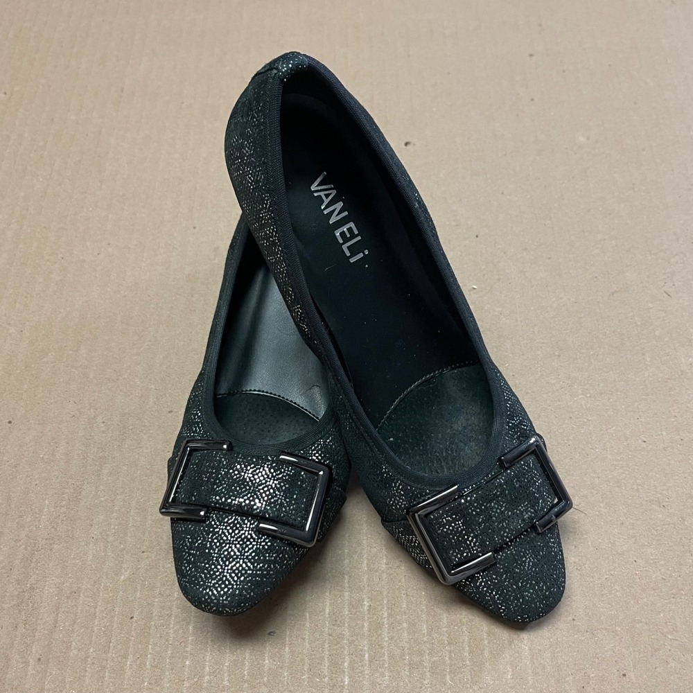 VANELi 5 Sinta Black‎ Metallic Speckled Block Heel Pumps Buckle Square Toe Shoes